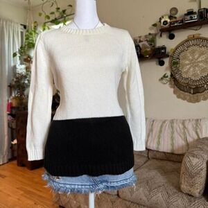 Ann Taylor LOFT Colorblock Knit Sweater Cream Black Crewneck Size M